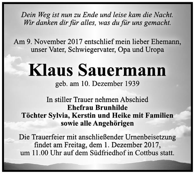 Traueranzeige Klaus Sauermann