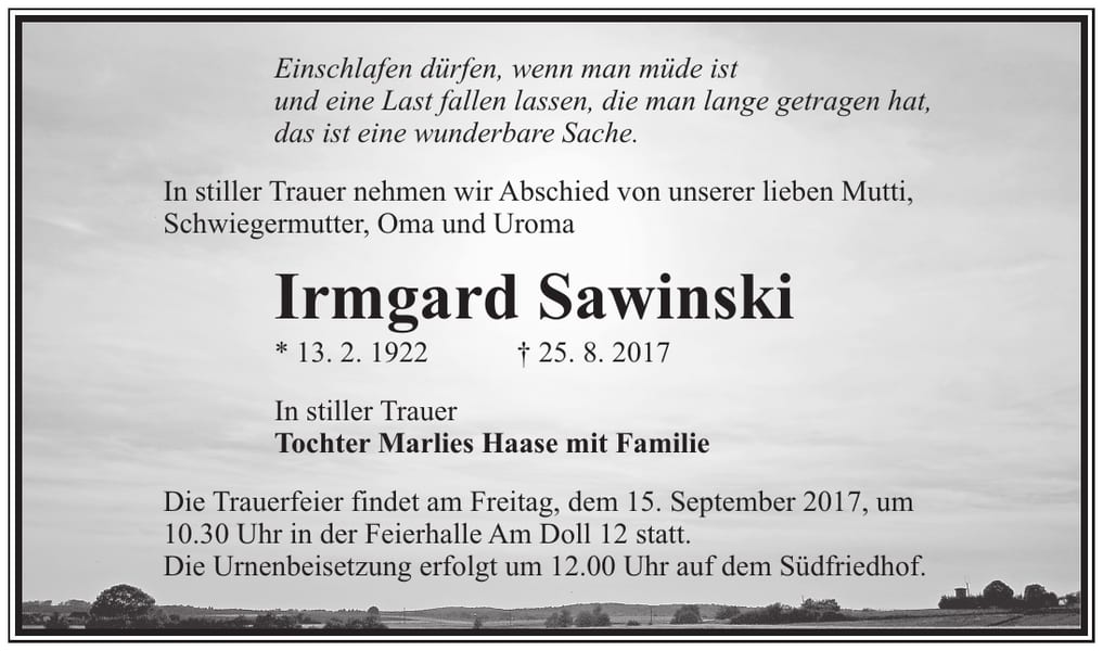 Traueranzeige Irmgard Sawinski