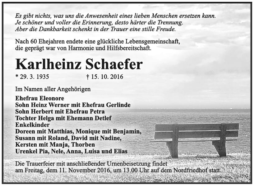 Traueranzeige Karlheinz Schaefer