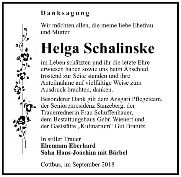 Danksagung Helga Schalinske
