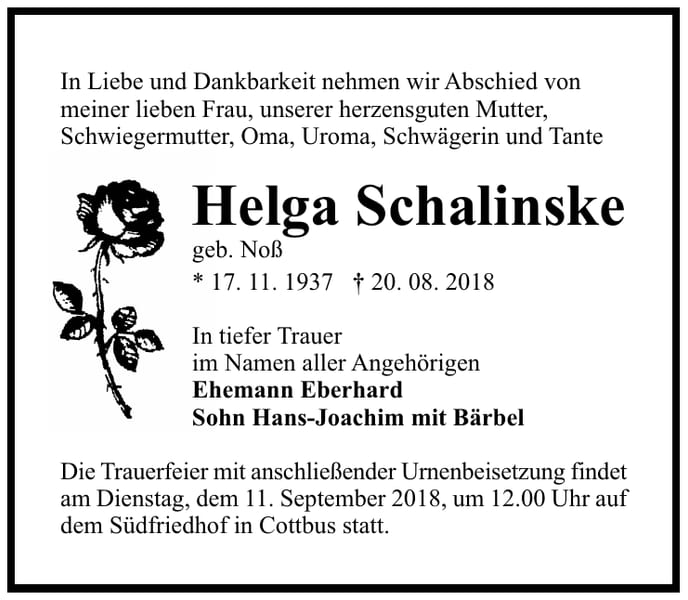 Traueranzeige Helga Schalinske, geb. Noß