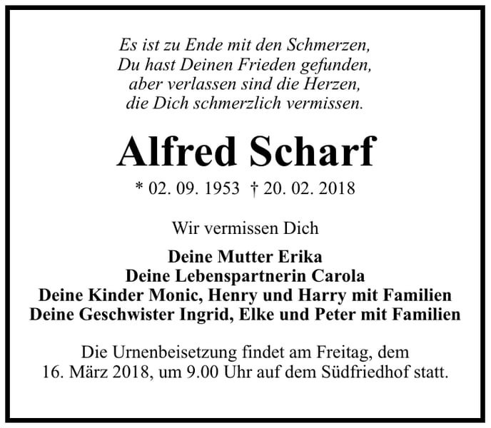 Traueranzeige Alfred Scharf