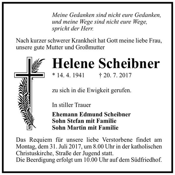 Traueranzeige Helene Scheibner