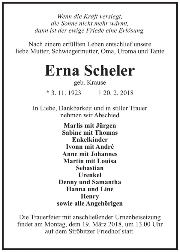 Traueranzeige Erna Scheler, geb. Krause