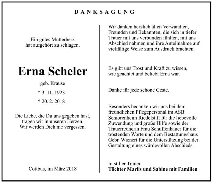 Danksagung Erna Scheler, geb. Krause