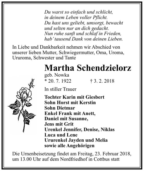Traueranzeige Martha Schendzielorz, geb. Nowka