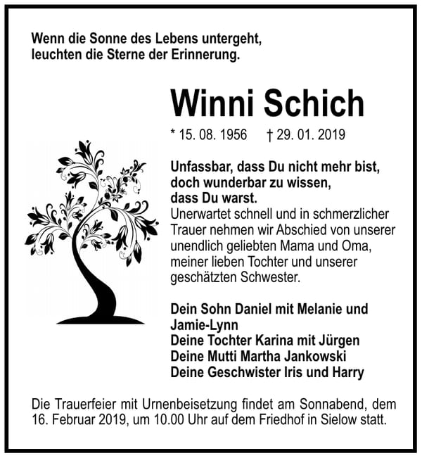 Traueranzeige Winni Schich