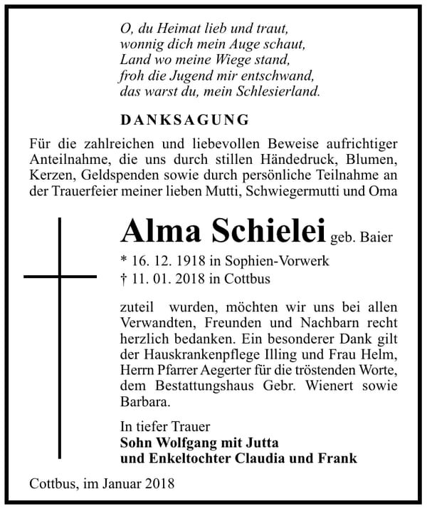 Danksagung Alma Schielei, geb. Baier