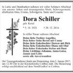 Traueranzeige Dora Schiller, geb. Kosel