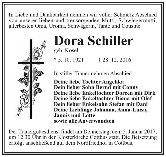 Traueranzeige Dora Schiller, geb. Kosel
