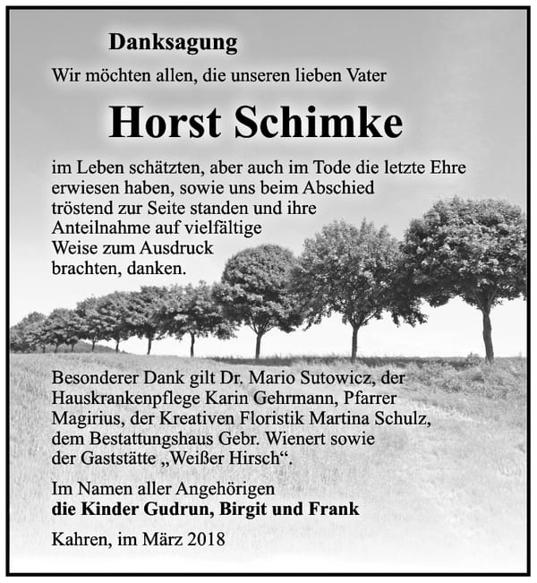 Danksagung Horst Schimke