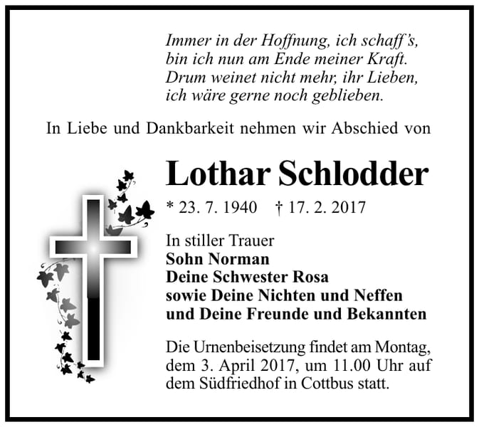 Traueranzeige Lothar Schlodder