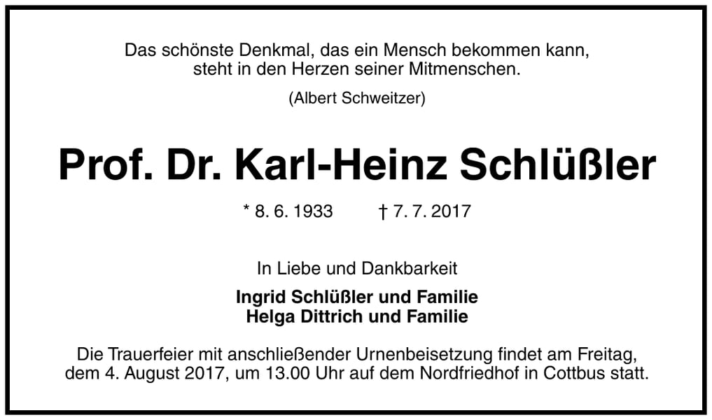 Traueranzeige Prof. Dr. Karl-Heinz Schlüßler