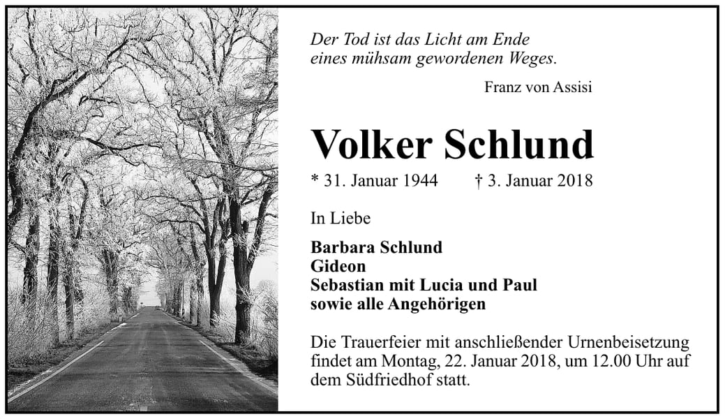 Traueranzeige Volker Schlund