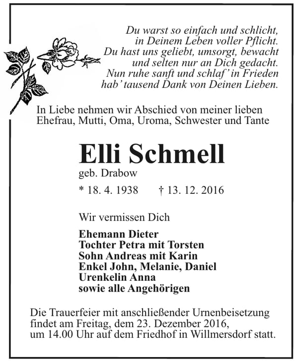 Traueranzeige Elli Schmell, geb. Drabow