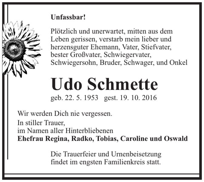 Traueranzeige Udo Schmette