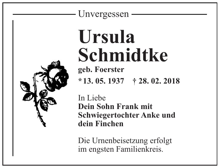 Traueranzeige Ursula Schmidtke, geb. Foerster