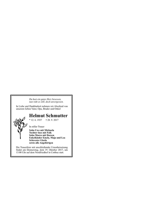Traueranzeige Helmut Schmutter