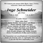 Traueranzeige Inge Schneider, geb. Prien