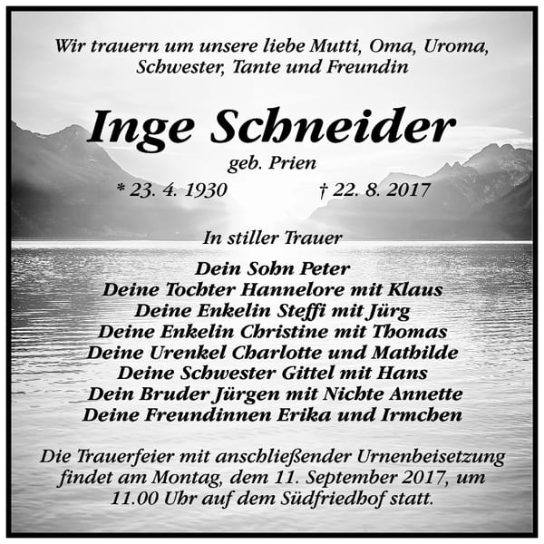 Traueranzeige Inge Schneider, geb. Prien