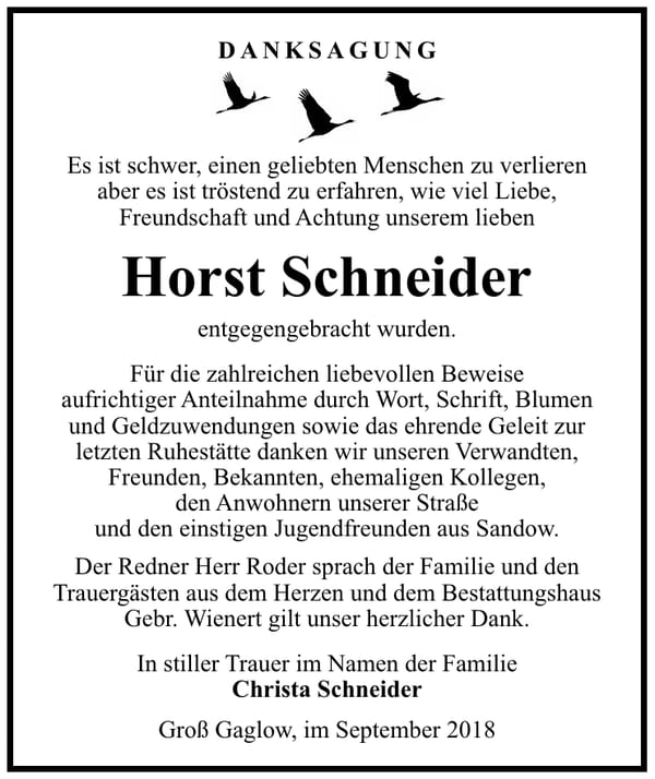 Danksagung Horst Schneider