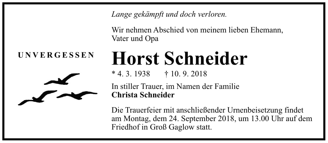 Traueranzeige Horst Schneider