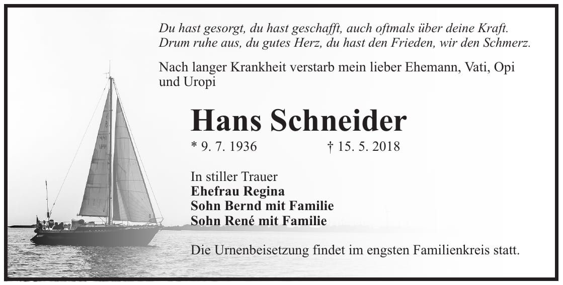 Traueranzeige Hans Schneider