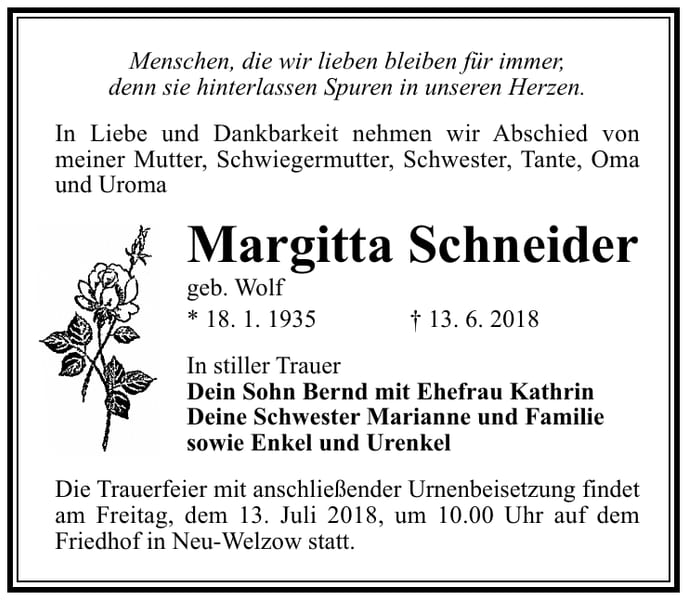 Traueranzeige Margitta Schneider, geb. Wolf