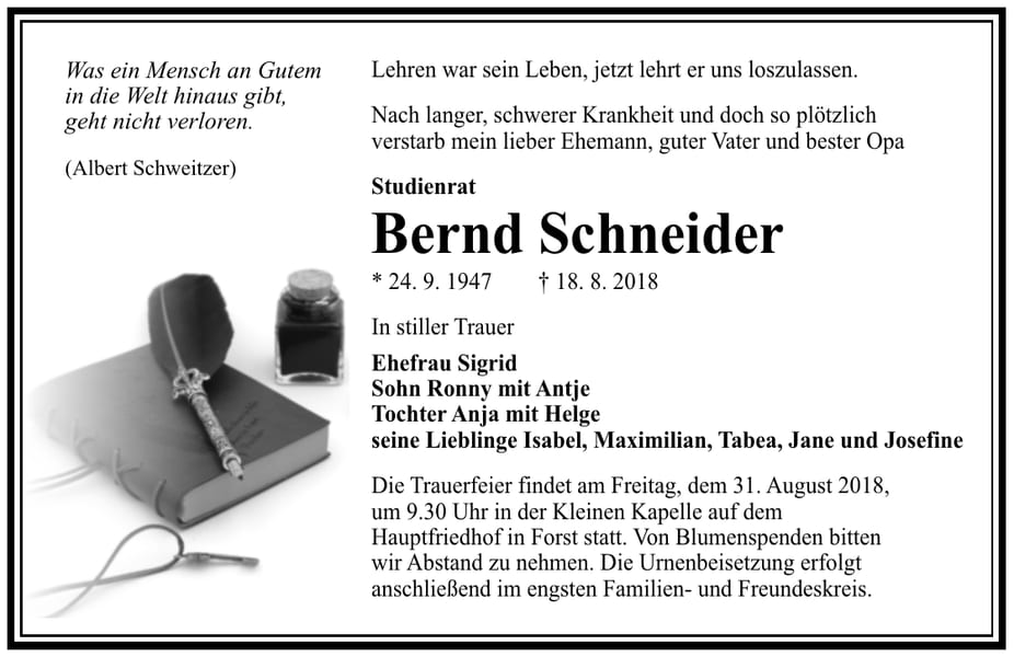 Traueranzeige Bernd Schneider
