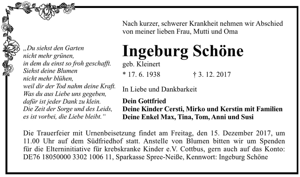 Traueranzeige Ingeburg Schöne, geb. Kleinert