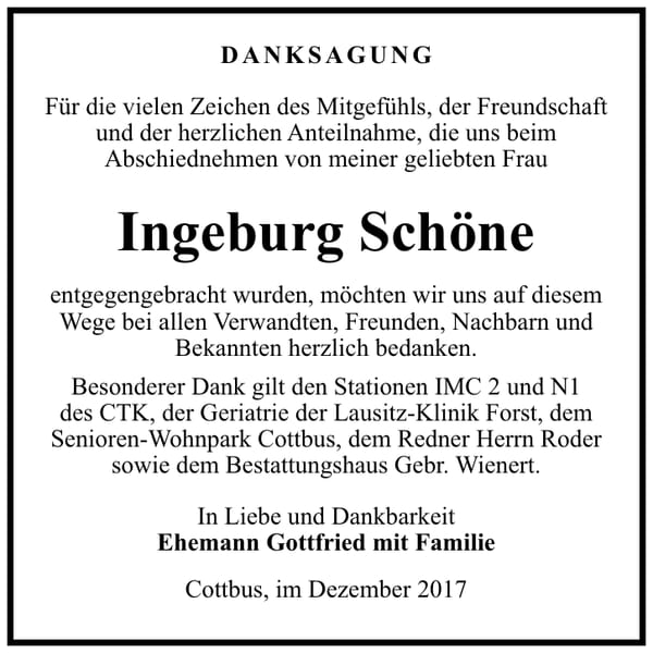 Danksagung Ingeburg Schöne