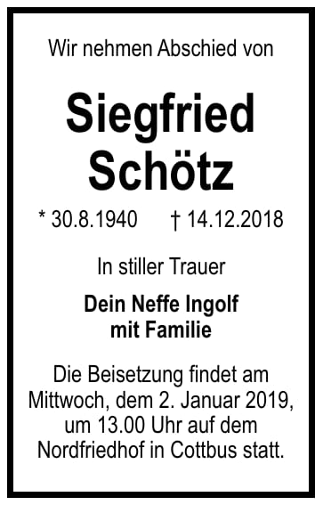 Traueranzeige Siegfried Schötz