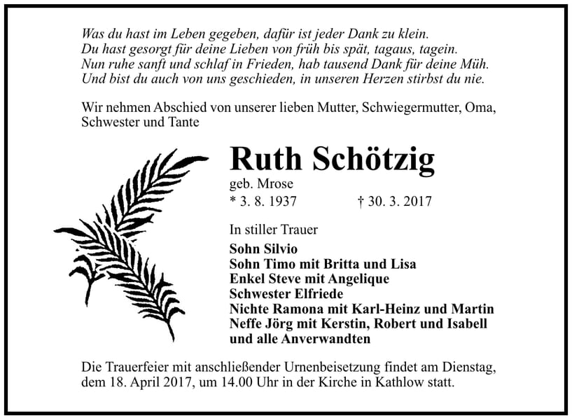 Traueranzeige Ruth Schötzig, geb. Mrose