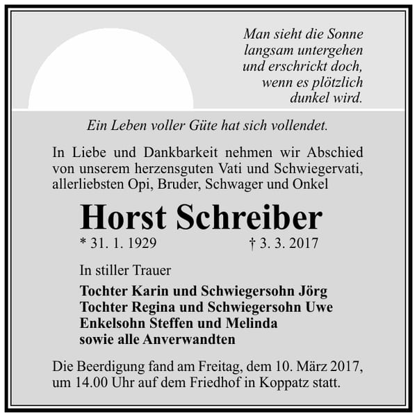 Traueranzeige Horst Schreiber