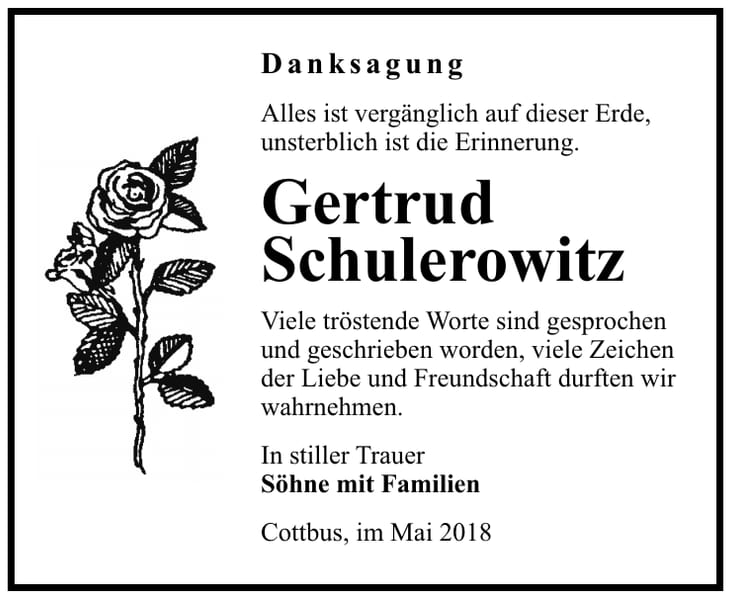Danksagung Gertrud Schulerowitz