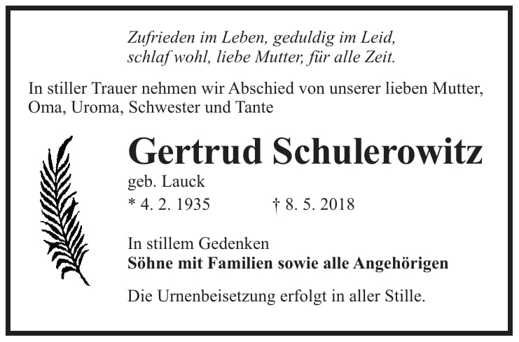 Traueranzeige Gertrud Schulerowitz, geb. Lauck