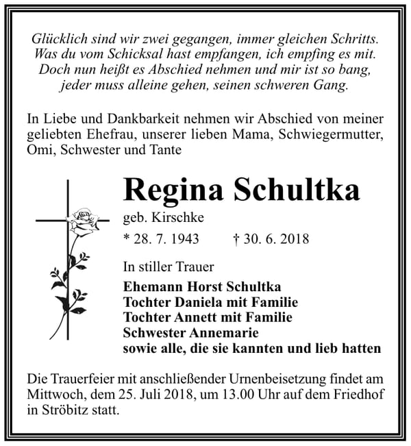 Traueranzeige Regina Schultka, geb. Kirschke
