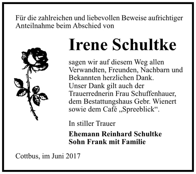 Danksagung Irene Schultke