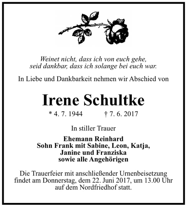 Traueranzeige Irene Schultke