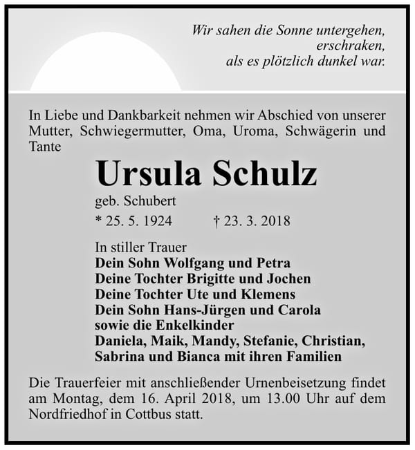 Traueranzeige Ursula Schulz, geb. Schubert
