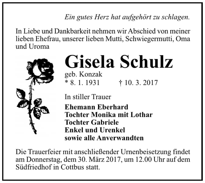 Traueranzeige Gisela Schulz, geb. Konzak