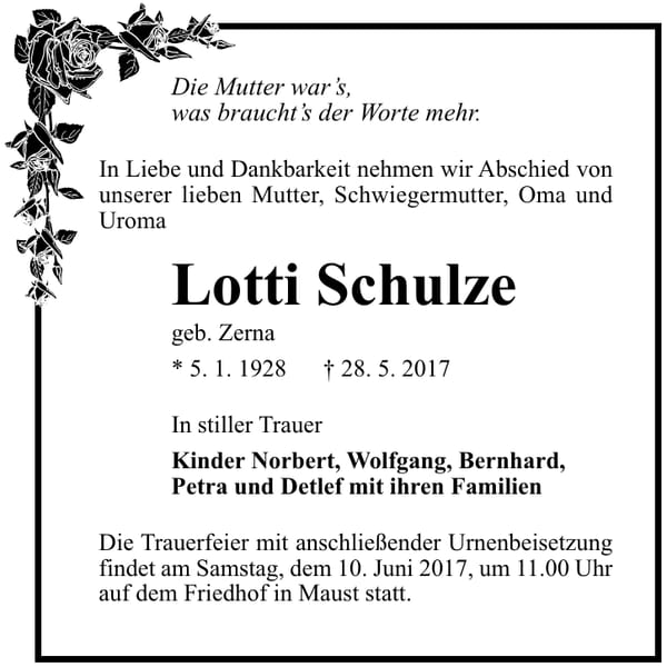 Traueranzeige Lotti Schulze, geb. Zerna