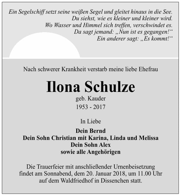 Traueranzeige Ilona Schulze, geb. Kaude
