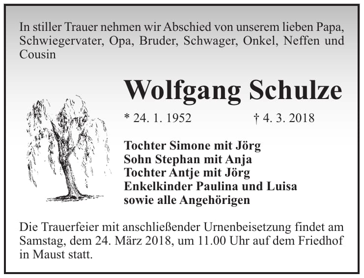 Traueranzeige Wolfgang Schulze