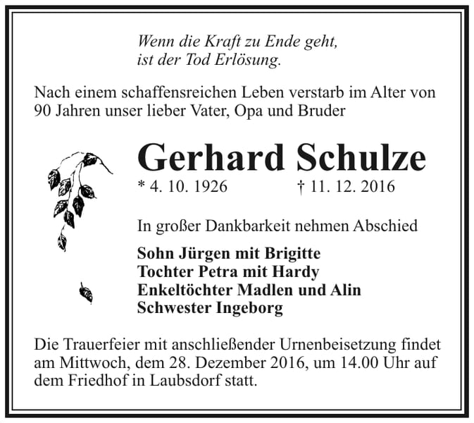 Traueranzeige Gerhard Schulze
