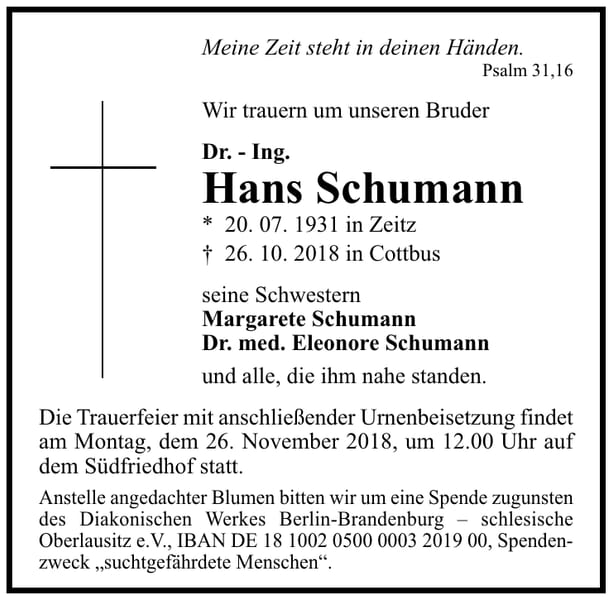 Traueranzeige Hans Schumann