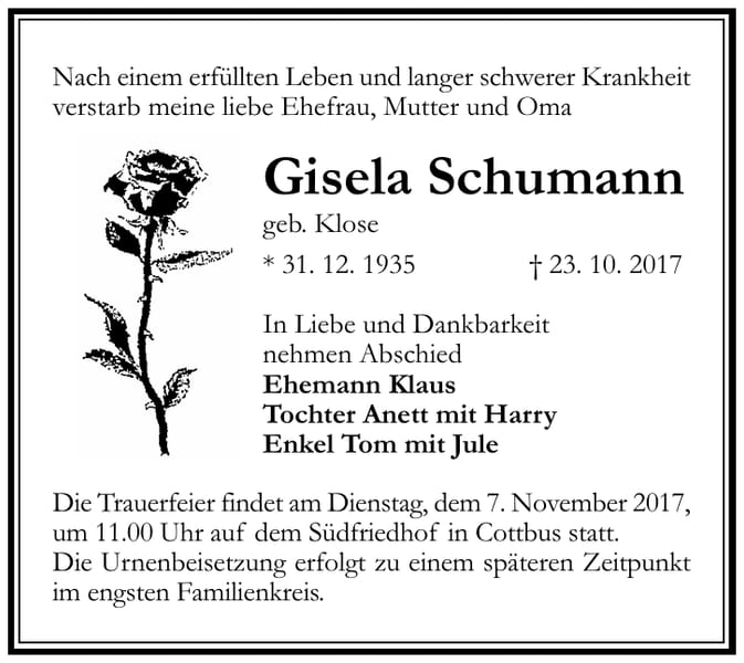 Traueranzeige Gisela Schumann, geb. Klose