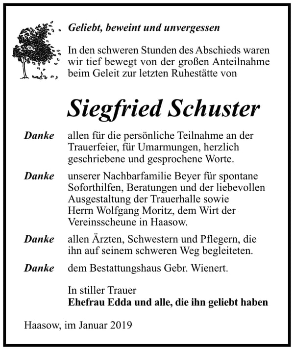 Traueranzeige Siegfried Schuster