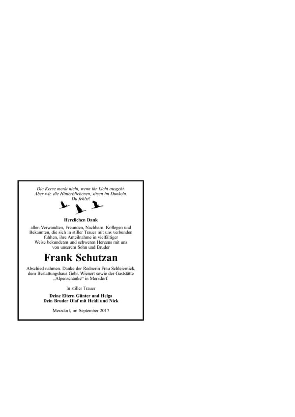 Danksagung Frank Schutzan