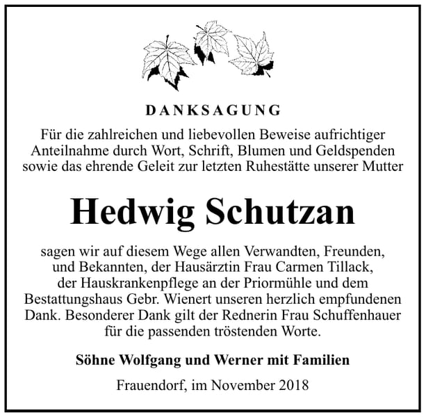 Danksagung Hedwig Schutzan
